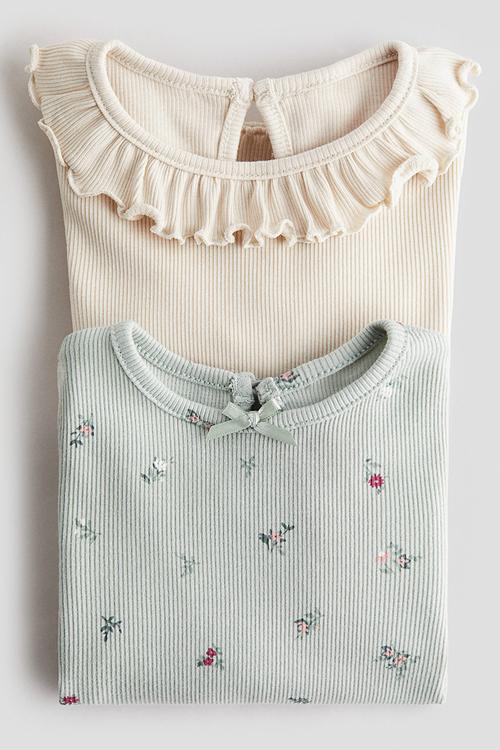 2-pack ribbed jersey tops - light turquoise/floral