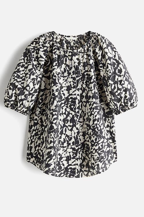 Balloon-sleeved blouse - white/black patterned