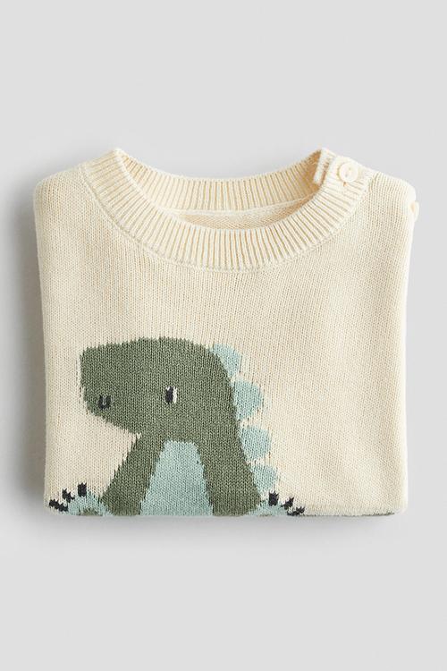 Jacquard-knit cotton jumper - light beige/dinosaur
