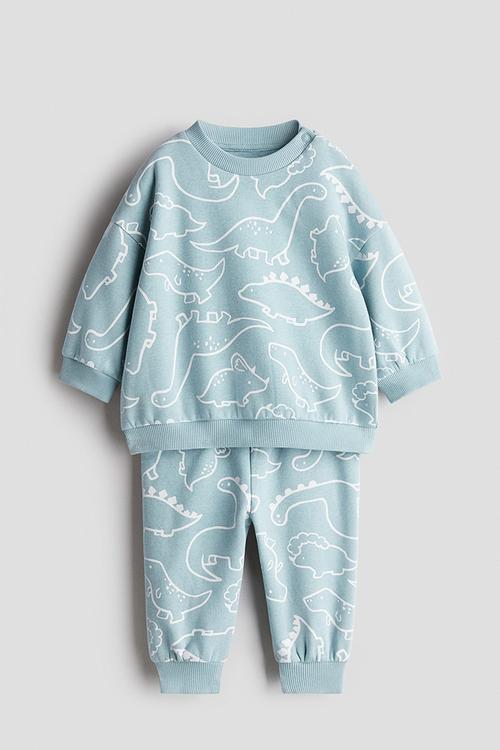 2-piece printed brushed-inside sweatshirt set - turquoise/dinosaurs