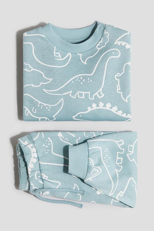 2-piece printed brushed-inside sweatshirt set - turquoise/dinosaurs
