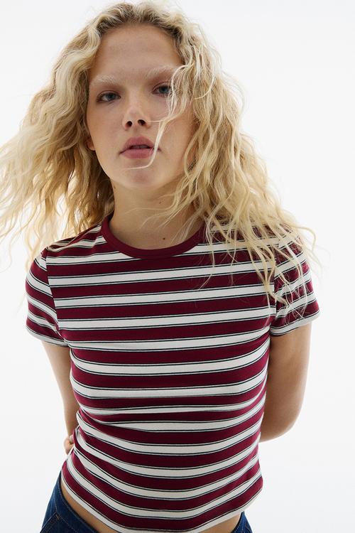 Fitted cotton T-shirt - burgundy/striped