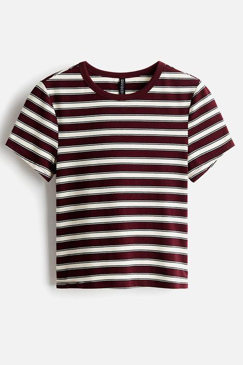 Fitted cotton T-shirt - burgundy/striped