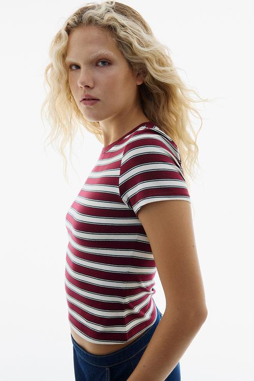 Fitted cotton T-shirt - burgundy/striped