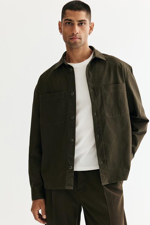 Relaxed fit twill overshirt - dark khaki green