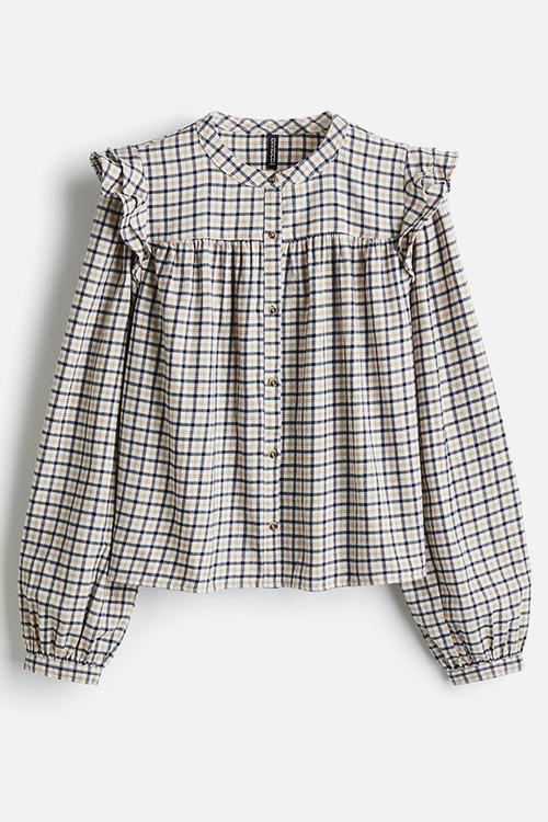 Flounce-detail blouse - light beige/checked