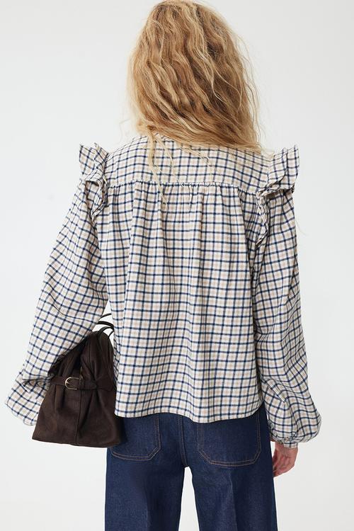 Flounce-detail blouse - light beige/checked