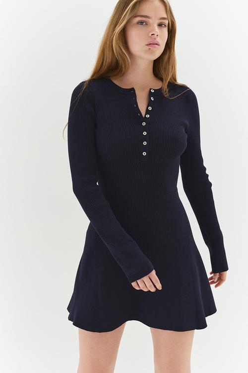 Rib-knit flared-skirt dress - navy blue