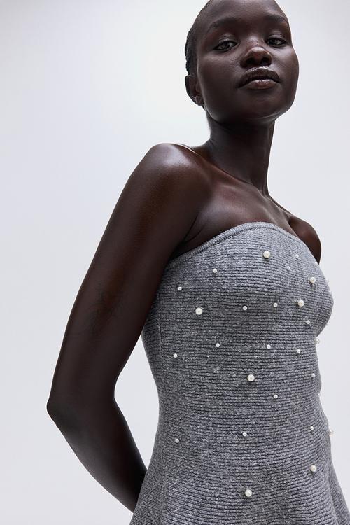 Bead-embellished bandeau top - grey marl