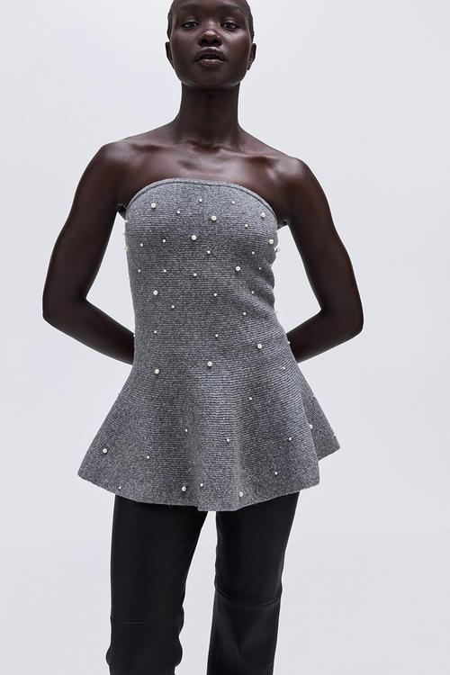 Bead-embellished bandeau top - grey marl