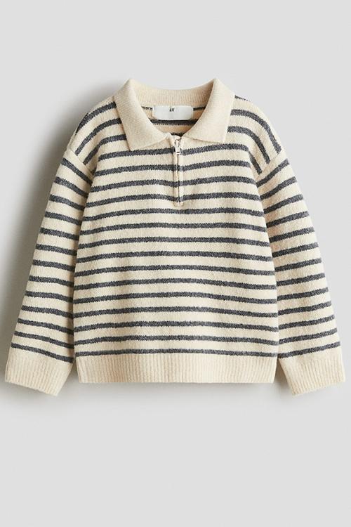 Brushed zip-top polo jumper - light beige/striped