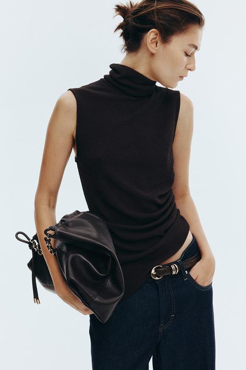 Draped polo-neck top - dark brown