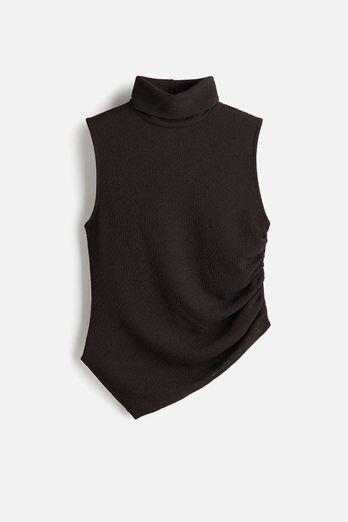 Draped polo-neck top - dark brown