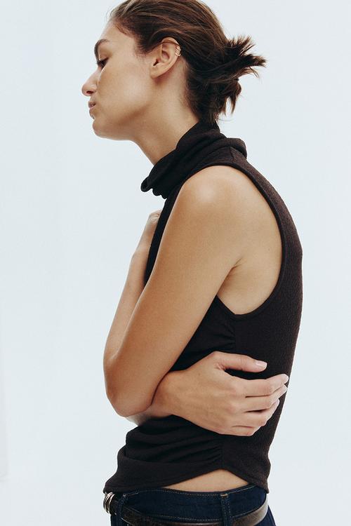 Draped polo-neck top - dark brown