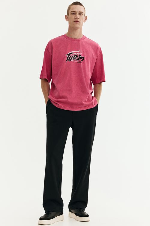 Loose fit washed T-shirt - dark pink/turbo