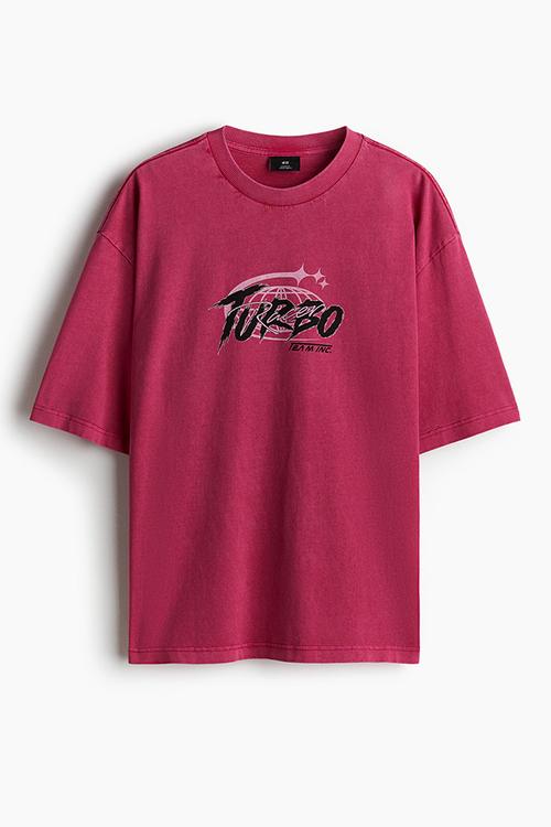 Loose fit washed T-shirt - dark pink/turbo