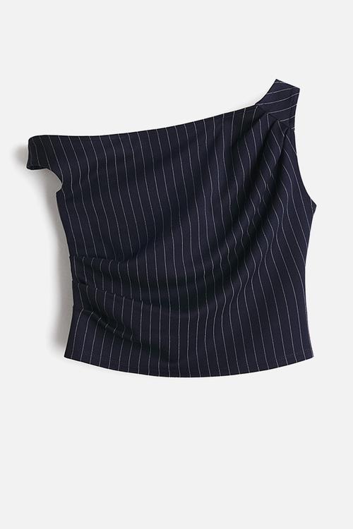One-shoulder ponte di roma top - navy blue/pinstriped