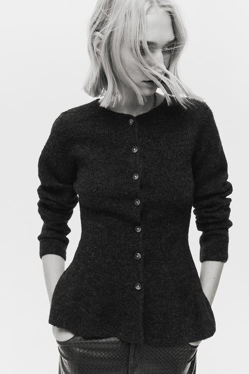 Rib-knit peplum cardigan - dark grey marl