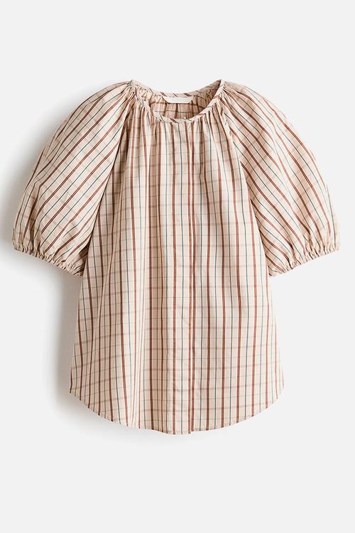 Puff-sleeved cotton blouse - light beige/checked