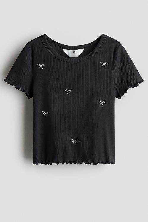 Embellished cotton top - dark grey/bows