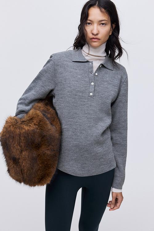 Shoulder-pad polo jumper - grey marl