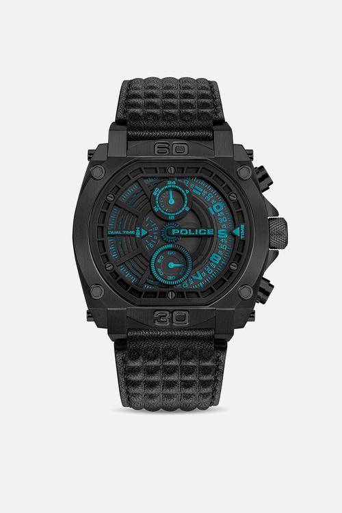 IP Case Black Blue Dial Black Leather Strap - Black
