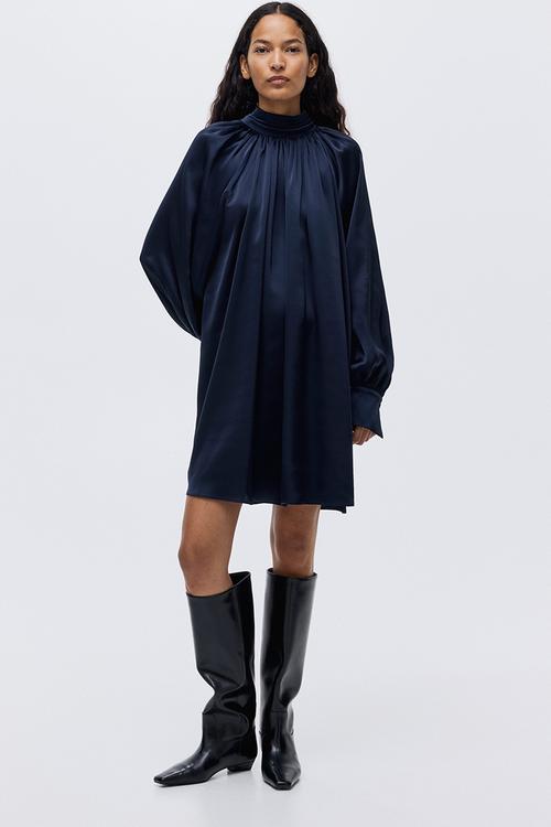 Scarf-detail satin dress - navy blue