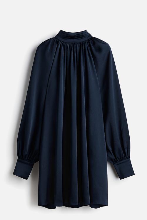 Scarf-detail satin dress - navy blue