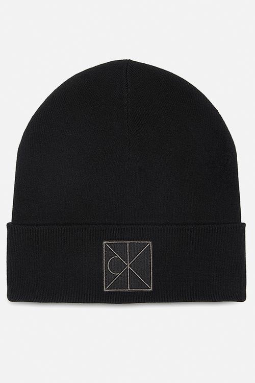 Emblem Patch Fine Rib Beanie - Black