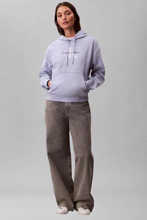 Long sleeve monologo french terry po hoodie - casual blue