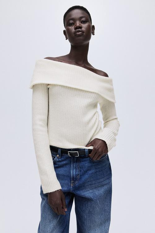 Rib-knit off-the-shoulder top - cream