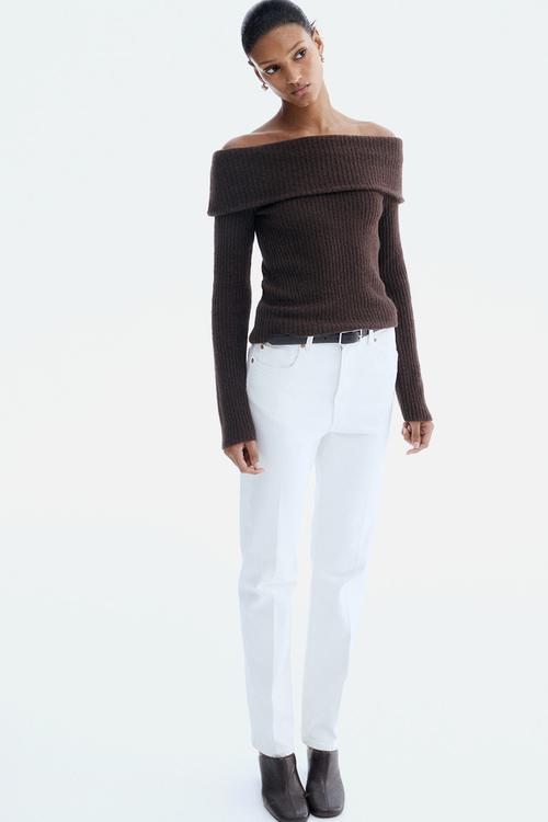 Rib-knit off-the-shoulder top - dark brown