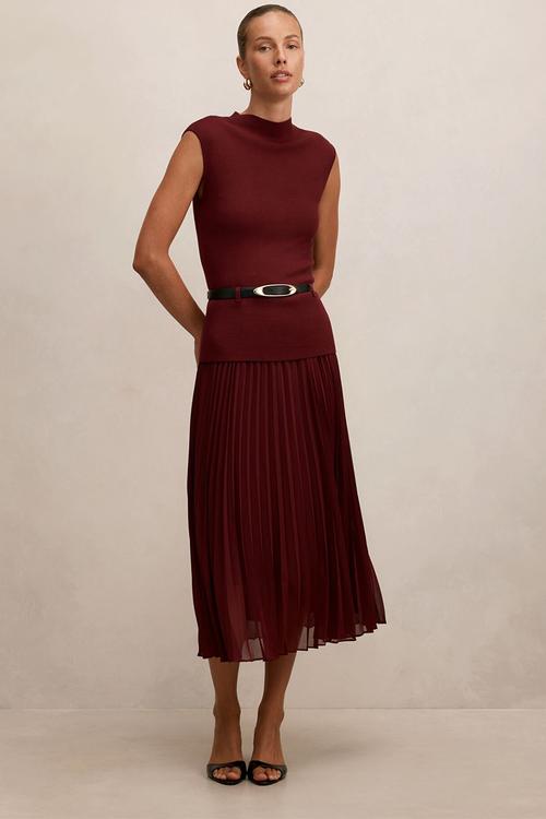 Lorelei woven mixed midi dress in burgundy rose