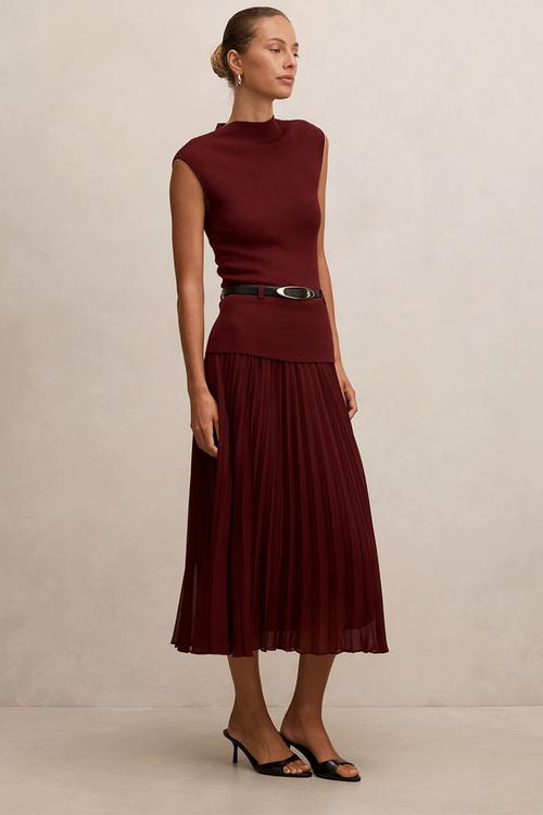 Lorelei woven mixed midi dress in burgundy rose
