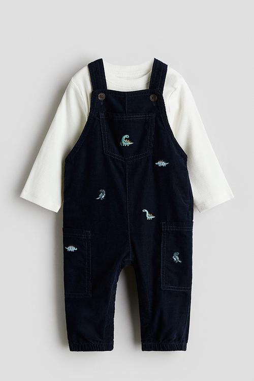 2-piece dungarees and top set - navy blue/white