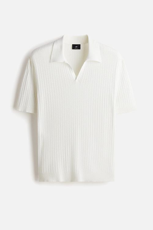 Regular fit cable-knit polo shirt - white