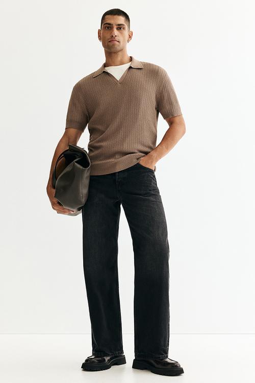 Regular fit cable-knit polo shirt - beige