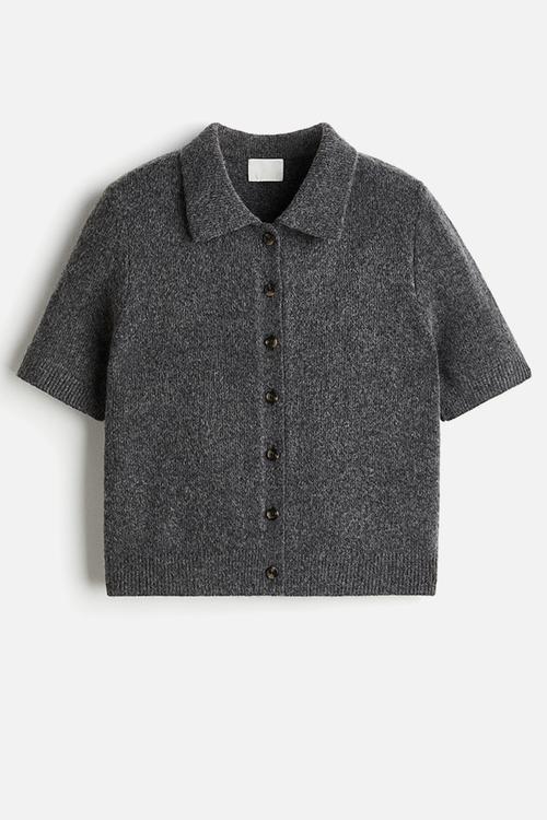 Short-sleeved collared cardigan - dark grey marl