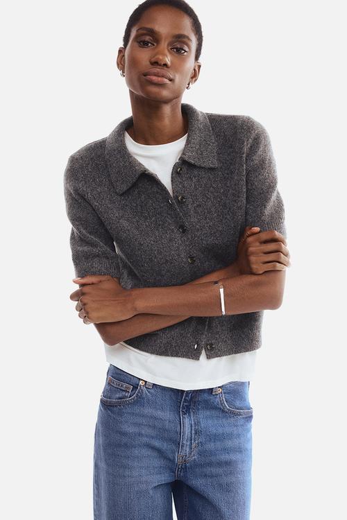 Short-sleeved collared cardigan - dark grey marl