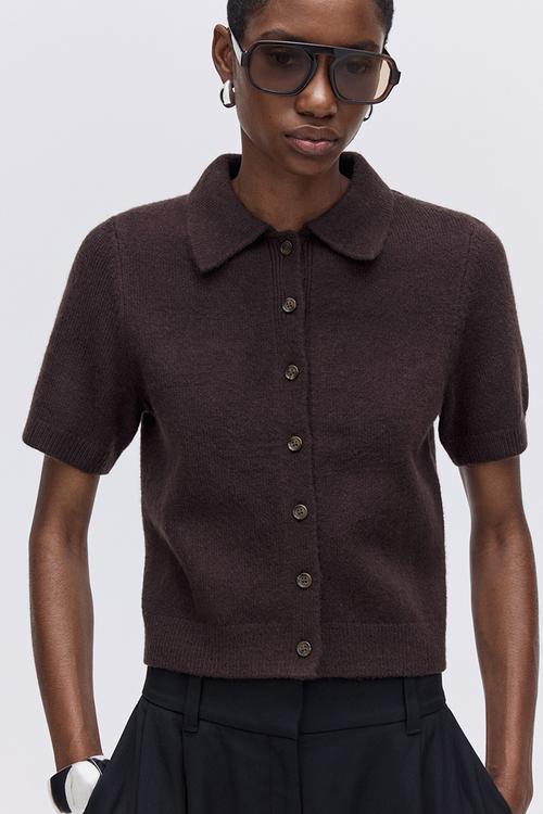 Short-sleeved collared cardigan - dark brown