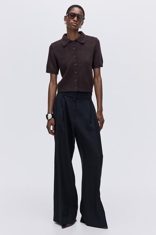 Short-sleeved collared cardigan - dark brown