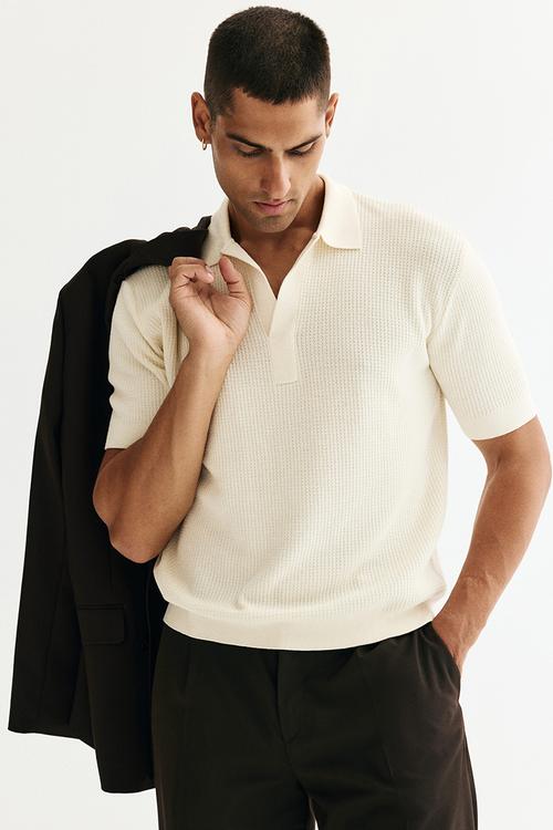 Regular fit knitted polo shirt - cream
