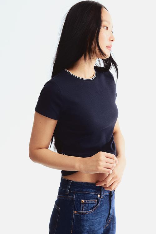 Rib-knit T-shirt - navy blue