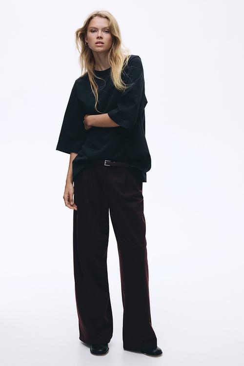 Belted twill trousers - burgundy