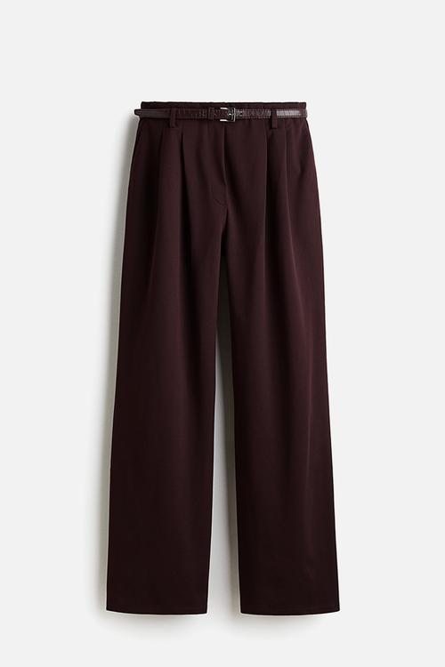 Belted twill trousers - burgundy