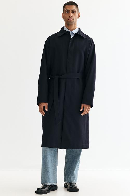 Loose fit belted mac-style coat - navy blue