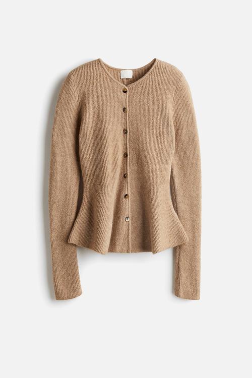 Rib-knit peplum cardigan - beige marl