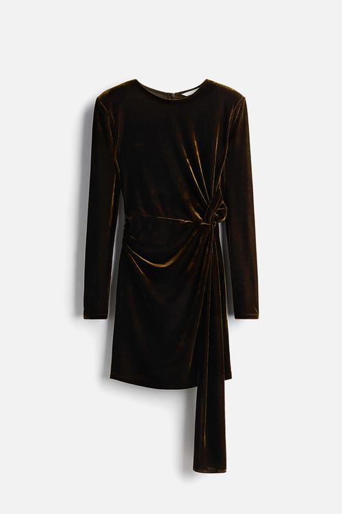 Draped velour dress - dark golden olive
