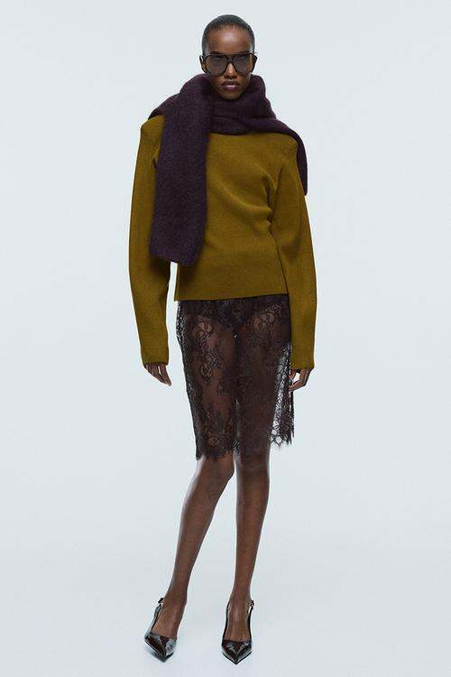 Rib-knit shoulder-pad top - olive green