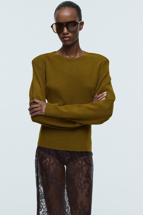 Rib-knit shoulder-pad top - olive green